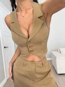 Flirla Conjunto de 2 piezas para mujer con chaleco ajustado de cuello y pantalones rectos anchos de pierna suelta - Marrón - Ver 3