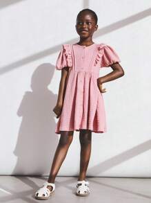 SHEIN Young Girls Casual Solid Color Textured Puff Sleeve Dress - Pink - View 3