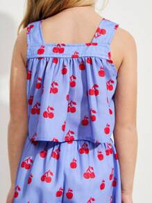 THE HAPPY LOOK Conjunto de top de tirantes y pantalones de pierna ancha con estampado de cerezas para niñas, ideal para verano