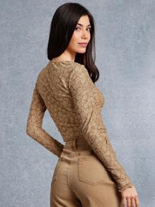 WESTFADE Parte superior acortada con cuello redondo, manga larga ajustada, ribete de hojas y estampado floral de punto para primavera y verano