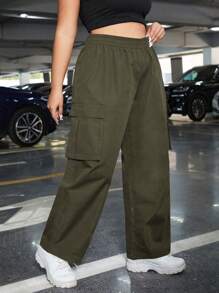 CovetEZ Plus Size Casual Solid Color Cargo Pants - Army Green - View 4