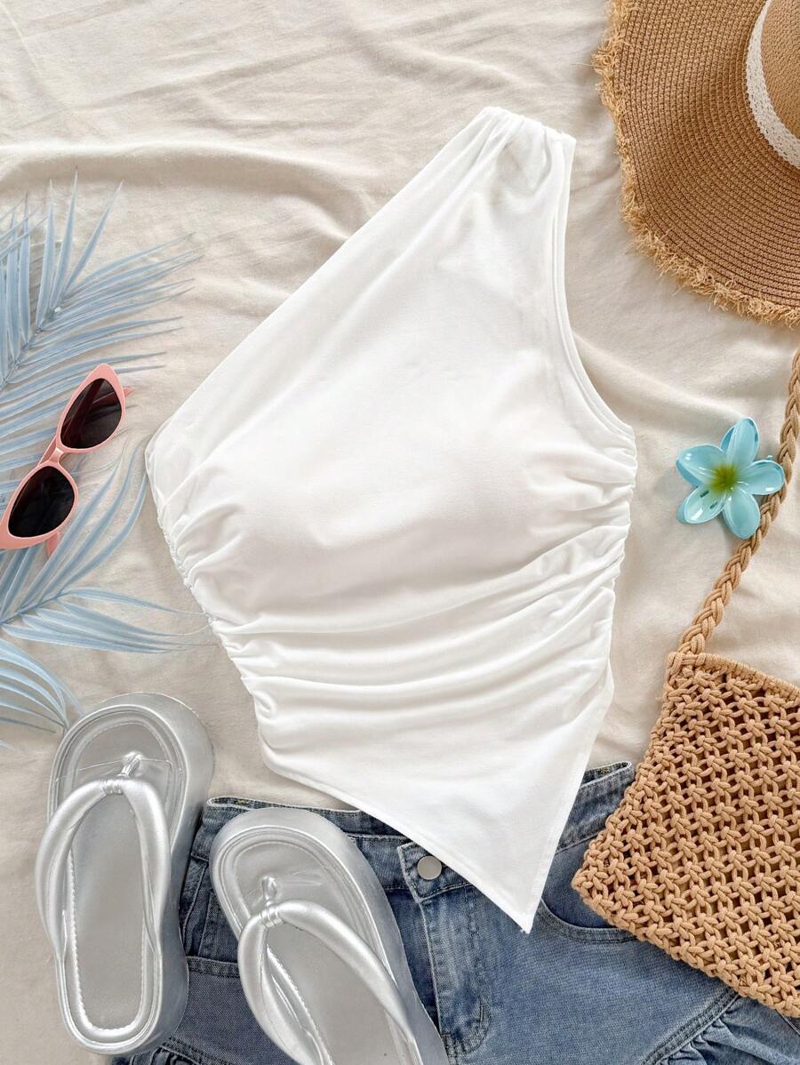 Soleia Women Casual Solid Color Shirred One Shoulder Blouse Suitable For Going Out - White - View 1