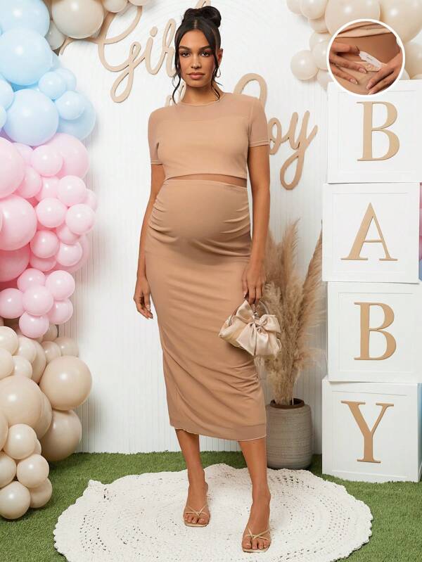 Loomaby Set de 2 piezas de camiseta de manga corta cuello redondo de unicolor y falda midi ajustable en la cintura para embarazadas