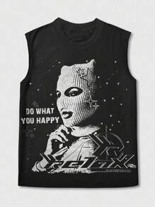 ROMWE MEN Street Life Men's Street Slogan & Figure Print Round Neck Tank Top - Black - View 1