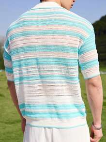 Manfinity CasualKnits Men's Front Button Short Sleeve Striped Casual Knit Sweater - Multicolor - View 5
