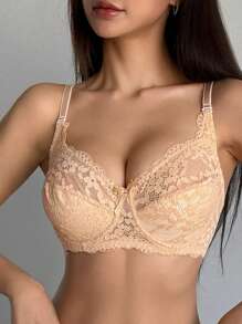 DAZY Women's Floral Lace Comfortable Wireless Bra - Apricot - View 3