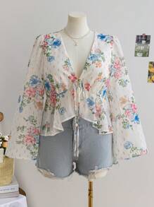 Soleia Plus Size Women Floral Print Chiffon Romantic V-Neck Flare Sleeve Blouse Top - Multicolor - View 1