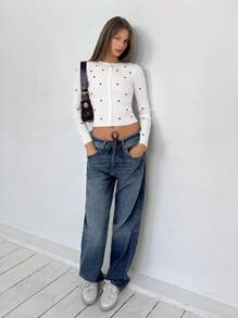 SHEIN EZwear Women's Heart Pattern Long Sleeve Single-Breasted Casual Sweater