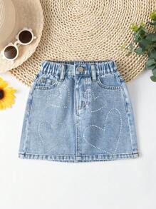 Young Girls Heart Rhinestone Washed Denim Casual A-Line Skirt - Medium Wash - View 1