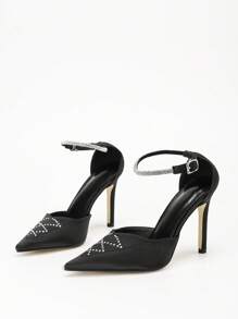 CUCCOO CHICEST 黑色缎面尖头交叉带水钻踝带细高跟鞋，优雅性感浪漫奢华女士镂空高跟鞋，适合晚会、宴会、晚会