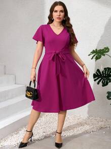 SHEIN Clasi Plus Size Elegant Ruffle Sleeve Romantic Dress, Summer, Elegant Dress, Women's Summer Dress, Women's Birthday Dress, Women's Wedding Guest Dress, Women's Cocktail Dress, Women's Concert Dress - Purple - View 1