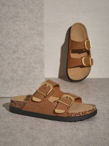 SHUZIA 女士双西式扣饰软木鞋床绒面革棕褐色拖鞋凉鞋 - 时尚、舒适的春季鞋 - 紫紅色 - 查看 2