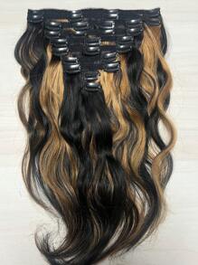 10 piezas/set 160g extensiones de cabello humano natural con onda y reflejos, ondas rizadas de color negro mezclado con marrón, extensiones de cabello con clips - SNATURAL/27 - Ver 4