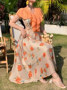 DAZY New Summer Beach Vacation Stunning Ruffle Hem Orange Ditsy Floral Dress, Unique Design Elegant Long Dress For Ladies - Yellow - View 6
