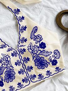 Soleia 2 件套：杏色背景蓝色花卉刺绣露背短款上衣，带后系带和 A 字迷你裙，度假装 - 藍色 - 查看 4