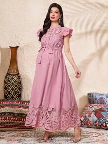 SHEIN 孕妇装 撞色蕾丝盖袖打结腰优雅连衣裙 - 粉色 - 查看 3