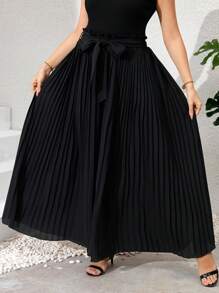 Ellevyn Calça Pantalona Plissada de Cor Sólida Elegante Plus Size, Calça Solta, Culottes, Calça FeminiPlus Sizeande Feminino, Calça Preta - Preto - Visão 2