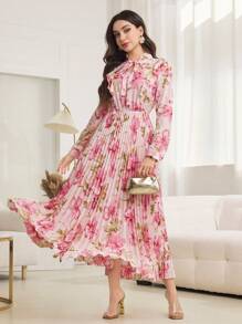 Modelyn Ruffled Tie Neck Pleat Patchwork Floral Print Dress Fall Cloth For Women - Pink - View 7