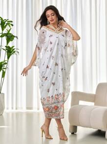 Modelyn Damen Kleid mit Schulterausschnitt, Mesh, Blume Muster und Rüschensaum für den Frühling