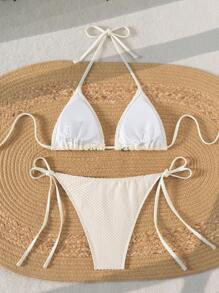 Swim Mod 2pcs Textured Fabric Crochet Floral Halter Tie-Side Sexy Sweet Bikini Swimwear Set, Suitable For Spring Break & Festival Boho For Summer Beach Vacation - Apricot - View 3