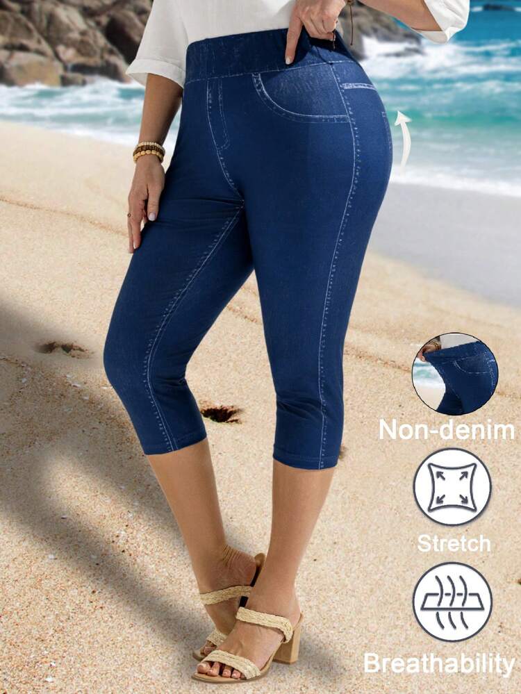Plus Size Women Blue Denim Effect Print Leggings,Summer Outfits For Women,Vacation Outfits Woman,Casual Everyday Wear