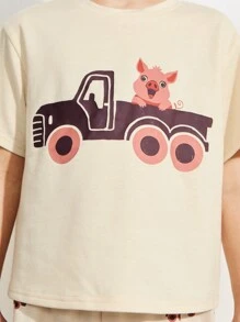 SHEIN 男童卡车动物图案圆领 T 恤和宽松全印花裤两件套，米色 - 米色 - 查看 4