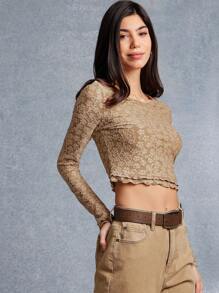 WESTFADE Parte superior acortada con cuello redondo, manga larga ajustada, ribete de hojas y estampado floral de punto para primavera y verano