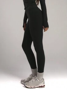 Musera Sport 高腰修身纯色运动紧身裤，适合板式网球、网球、匹克球、健身房、秋冬季普拉提、日常休闲穿着。 - 黑色 - 查看 3