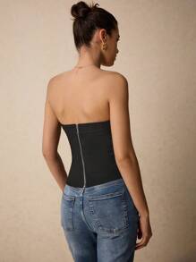 Poéselle Sleek Black Strapless Slimming Sheath Tube Top With Buckle Detail - Ideal For Summer Parties, Nights Out And Casual Fashion Styling, It's Made From High Quality Stretch Fabric To Ensure A Comfortable Fit And Freedom Of Movement, Pair It With Your Favorite Pair Of Jeans Or A Stylish Skirt For An Effortlessly Versatile Look, Office Women Clothing, Short Women's Tops - Black - View 2