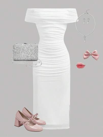 SHEIN Girlism Vestido blanco elegante de ajuste ceñido con hombros descubiertos, plisado y de malla para niña adolescente, vestido de fiesta, atuendo de cumpleaños