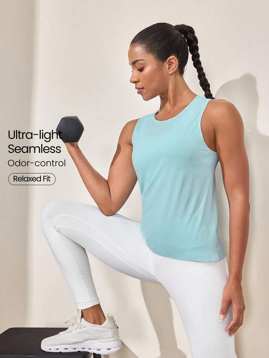 GLOWMODE Seamless Coolmax Flex Fit Bonded Hem Collar Jacquard Waist Length Vest Tee Top Medium Impact Running Training Workout Gym - Blue - View 1