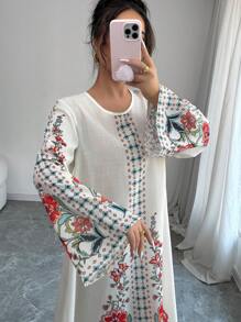 Yasmyna Women's Woven Print Long Sleeve Loose Arabian Dress - Apricot - View 1