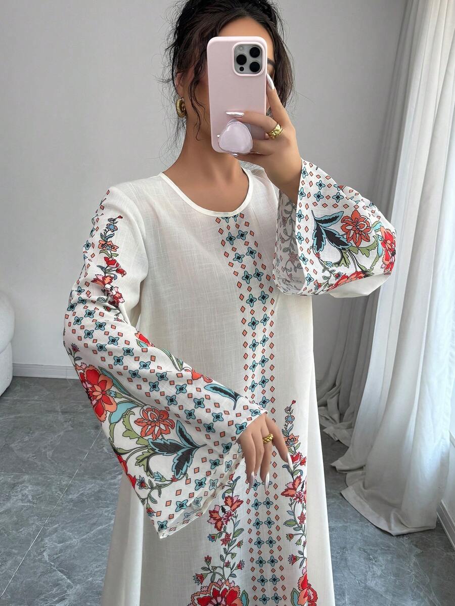 Yasmyna Women's Woven Print Long Sleeve Loose Arabian Dress - Apricot - View 1