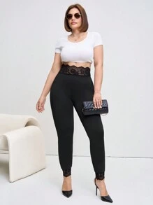 SHEIN Clasi Leggings noirs patchwork en dentelle à taille élastique pour femmes grandes tailles, tenues de sortie, Saint-Valentin, été/printemps, vintage, vêtements de travail pour femmes, style Old Money