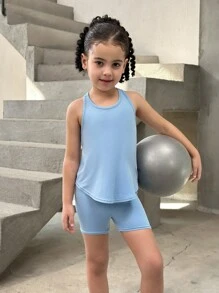 SHEIN 2 件装少女纯色针织修身短款上衣和短裤套装，运动装 - 藍色 - 查看 2