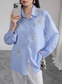 Modelyn 法式宽松串珠绣花女式衬衫，百搭优雅，春夏