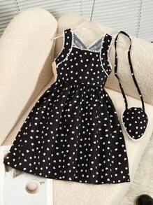 适合年轻女孩的方形领口爱心印花无袖休闲连衣裙 - 黑與白 - 查看 1