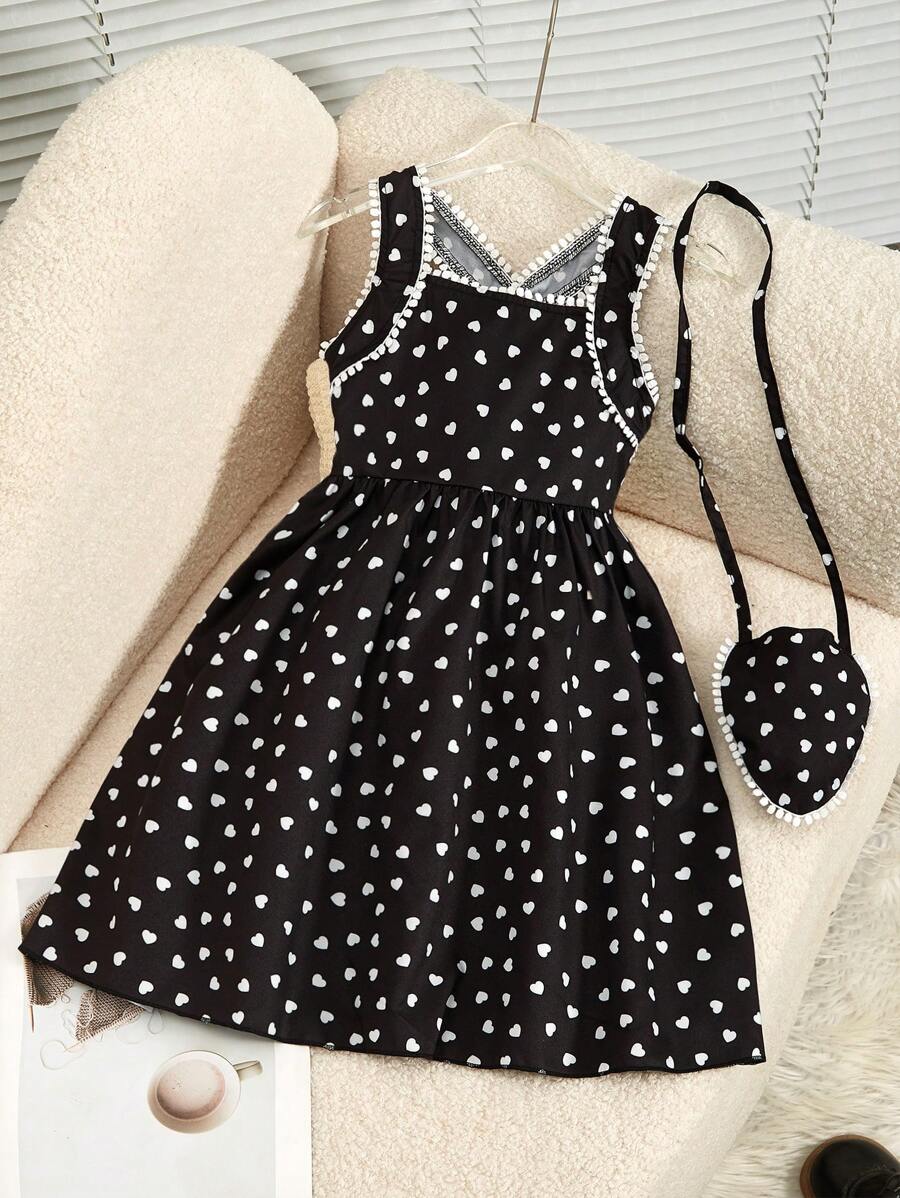 适合年轻女孩的方形领口爱心印花无袖休闲连衣裙 - 黑與白 - 查看 1