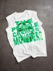 Manfinity Roghcode "Men's Young Street Style, INS Versatile Item: Oversized Green Big Eye Monster With Creative Slogan 'Humans Create Monsters'. Features Front And Back Oversized Letter Pattern Print Design On A Loose Fit Light Khaki Tank Top