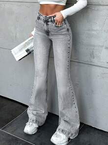 EURMUSE 100%Cotton Women's Slant Pocket Casual Flared Jeans - Blue - View 3
