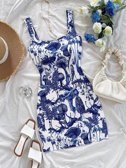 Soleia 全新方领彩色度假印花开衩迷你连衣裙，设计风格