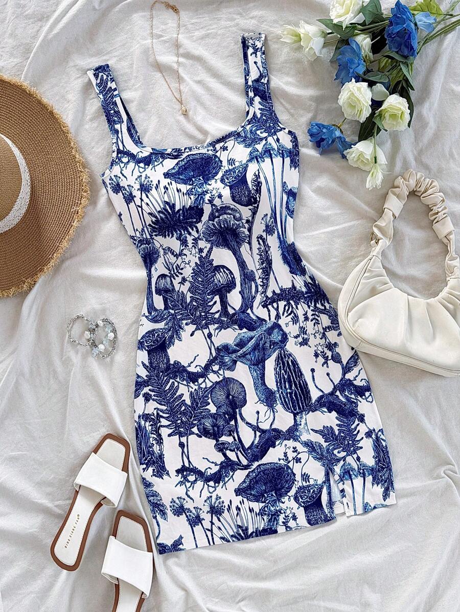 Soleia 全新方领彩色度假印花开衩迷你连衣裙，设计风格