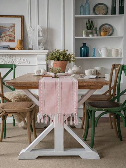北欧几何提花桌旗，粉色镂空流苏，餐厅旗，茶旗，多用途桌布，节日派对生日聚会餐桌装饰，秋季装饰，秋季装饰，房间装饰
