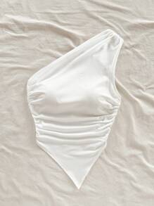 Soleia Women Casual Solid Color Shirred One Shoulder Blouse Suitable For Going Out - White - View 5