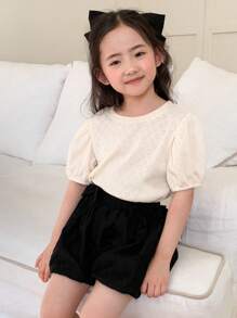 DAZY 2pcs/Set Young Girls Solid Color Round Neck Puff Sleeve Top And Mini Skirt,Girls Summer Outfits - Apricot - View 4