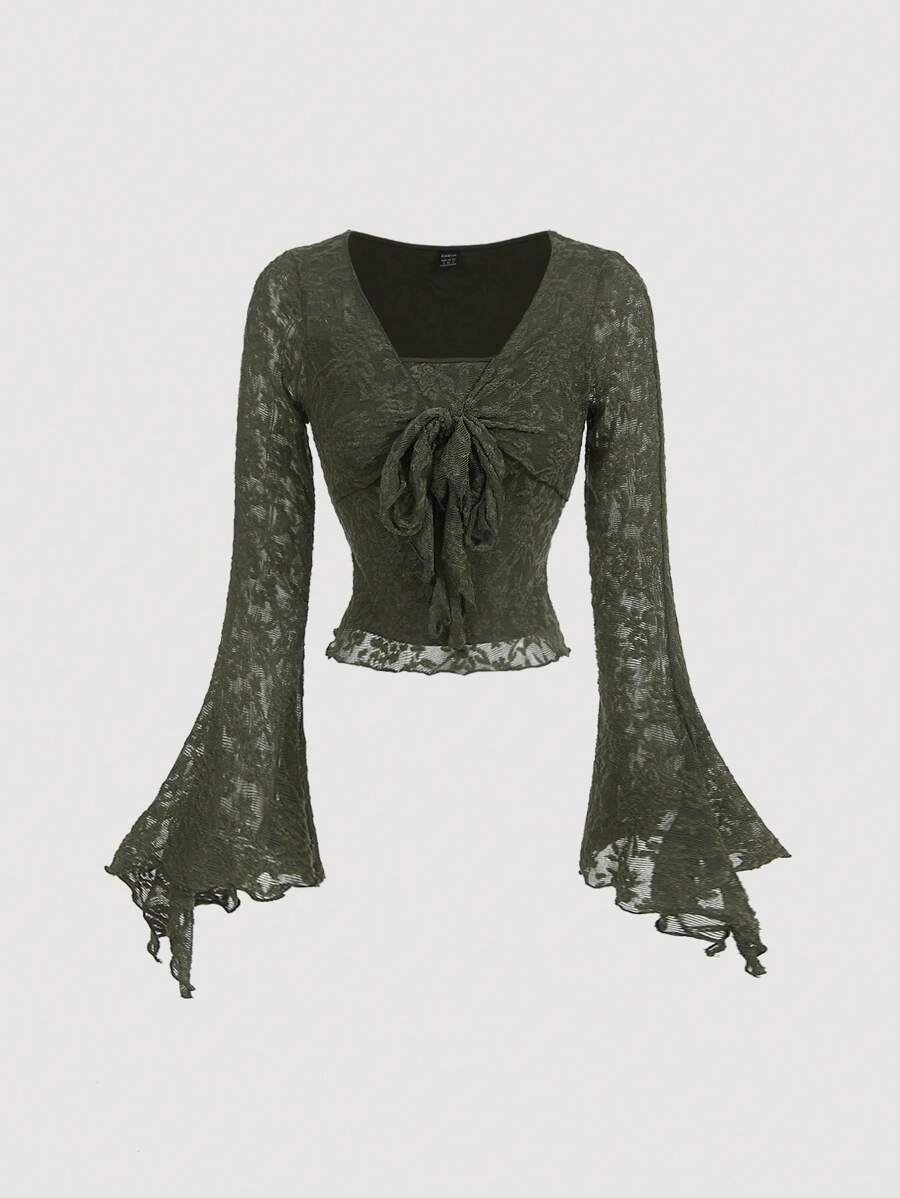 SHEIN MOD 绿色浪漫优雅前系带衬衫，女士可爱T恤，秋冬镂空服装女海盗上衣公主女装外出上衣 - 軍綠色 - 查看 1