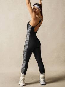 VARSITIE Black & White Retro Pattern Hollow-Out Back Skinny Yoga Jumpsuit - Black and White - View 1