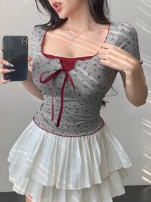 DAZY 夏季新款二合一碎花短袖女式 T 恤，前系蝴蝶结装饰，性感短款 T 恤可爱上衣 - 灰色 - 查看 4