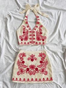 Soleia Women Summer Vacation Tie Back Floral Embroidered Halter Crop Top And A-Line Mini Skirt Suit No Chest Padding - Red - View 5