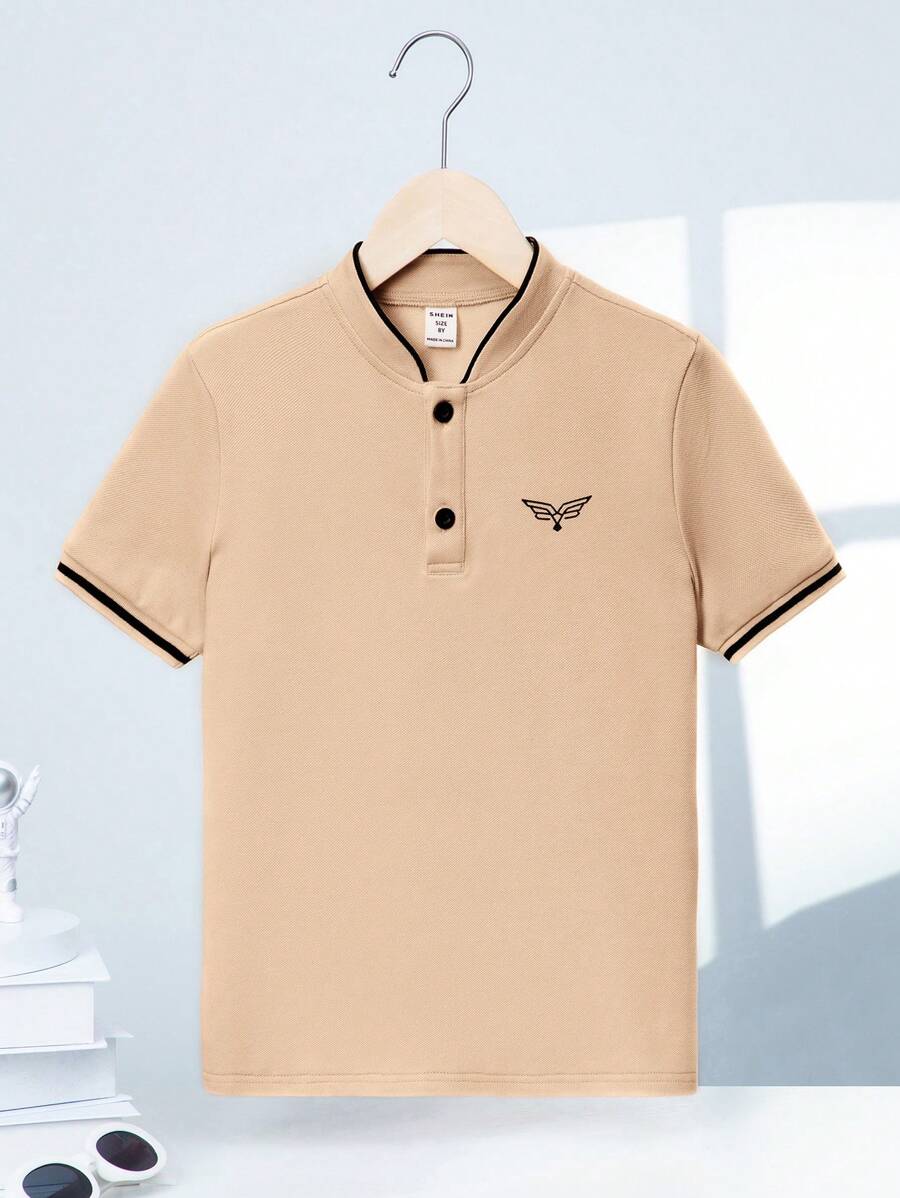 SHEIN Tween Boy Intarsia Pattern Knitted Polo Shirt With Stand Collar - Khaki - View 1